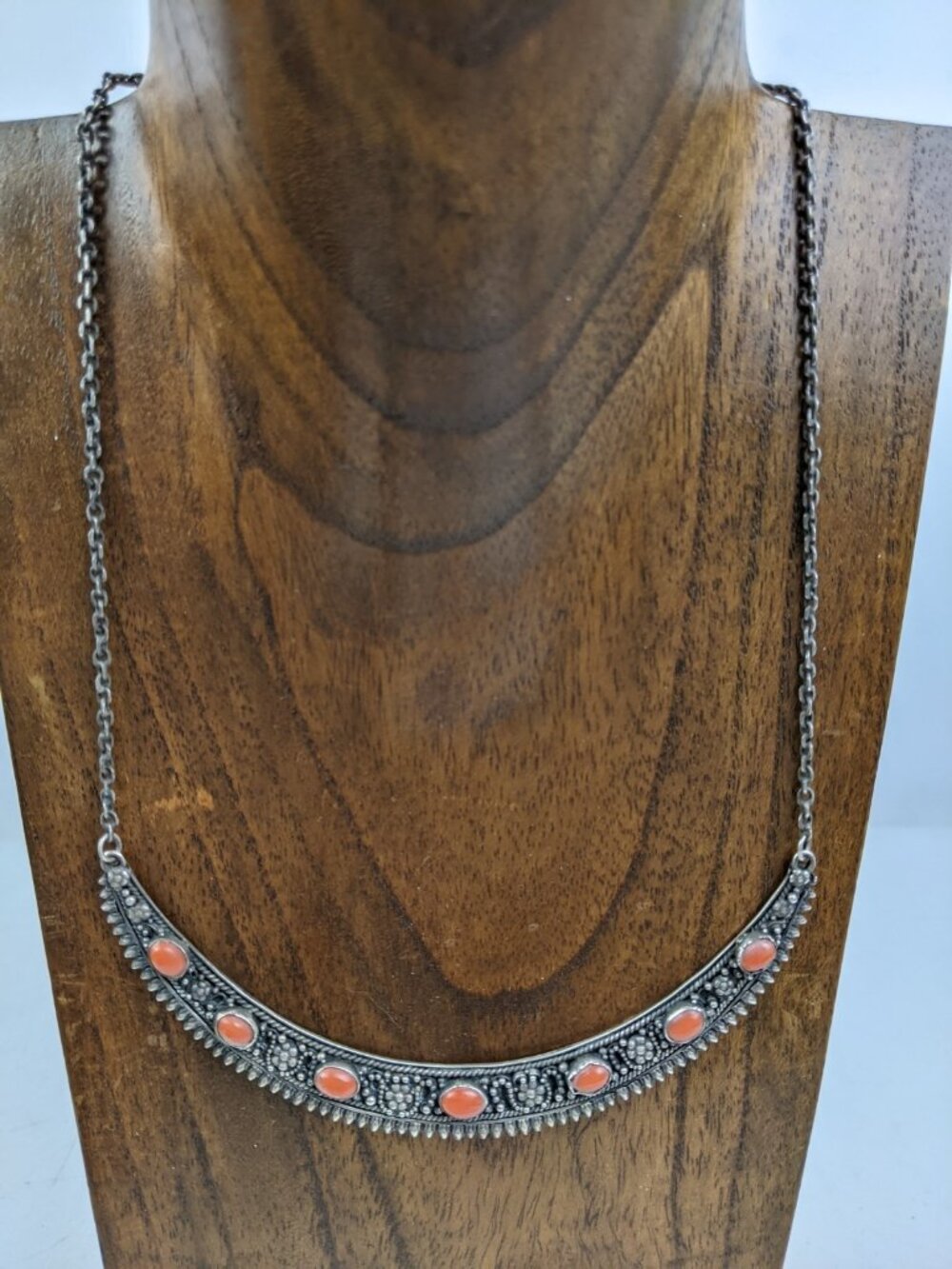 Sterling Silver Red Coral Statement Necklace Signed KAW BALK